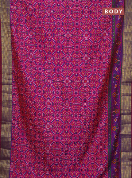 Semi tussar saree pink and violet with allover ikat prints and zari woven border