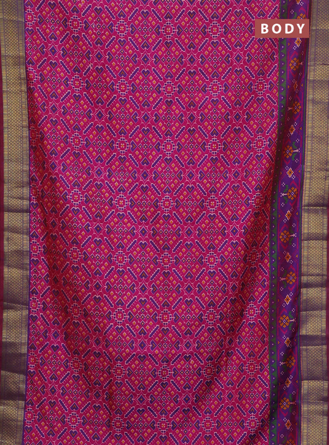 Semi tussar saree pink and violet with allover ikat prints and zari woven border