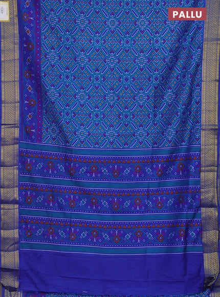 Semi tussar saree dual shade of cs blue and blue with allover ikat prints and zari woven border