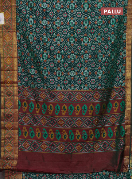 Semi tussar saree green and maroon with allover ikat prints and zari woven border