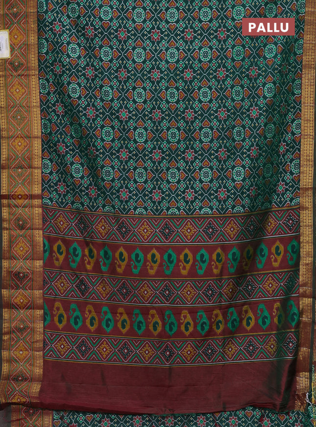 Semi tussar saree green and maroon with allover ikat prints and zari woven border
