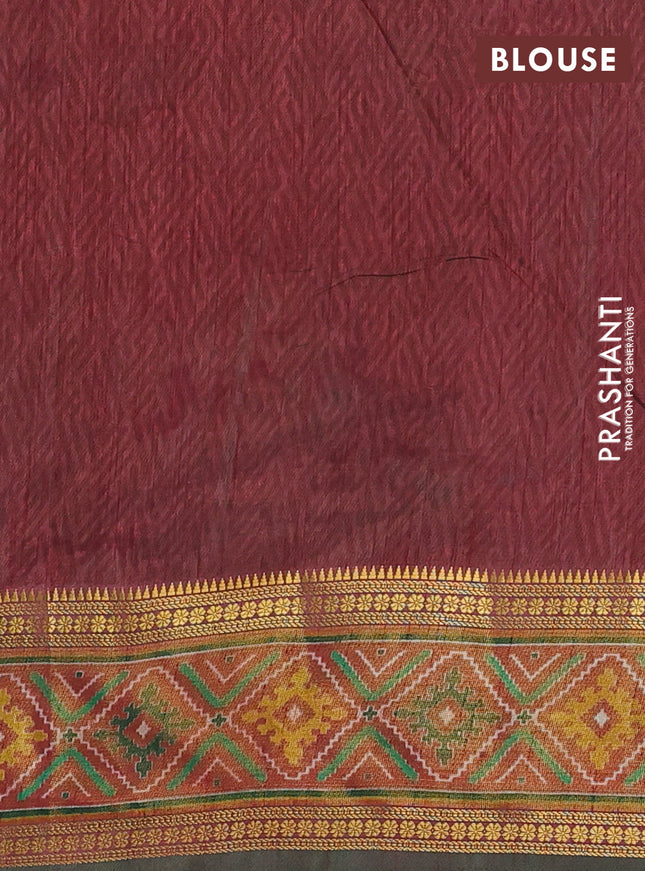 Semi tussar saree green and maroon with allover ikat prints and zari woven border