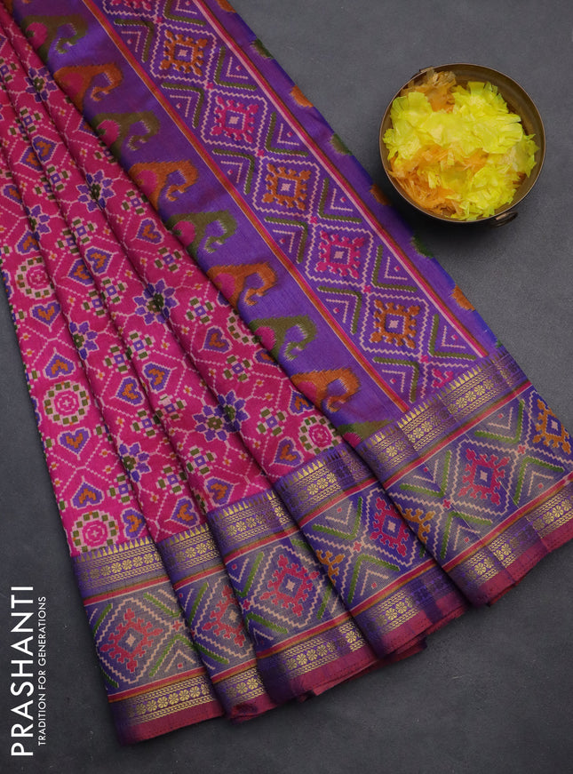 Semi tussar saree pink and blue with allover ikat prints and zari woven border