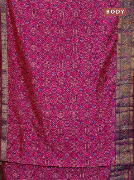 Semi tussar saree pink and blue with allover ikat prints and zari woven border