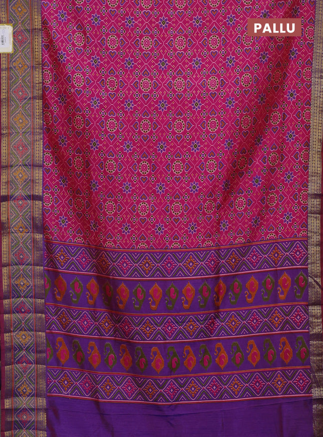 Semi tussar saree pink and blue with allover ikat prints and zari woven border