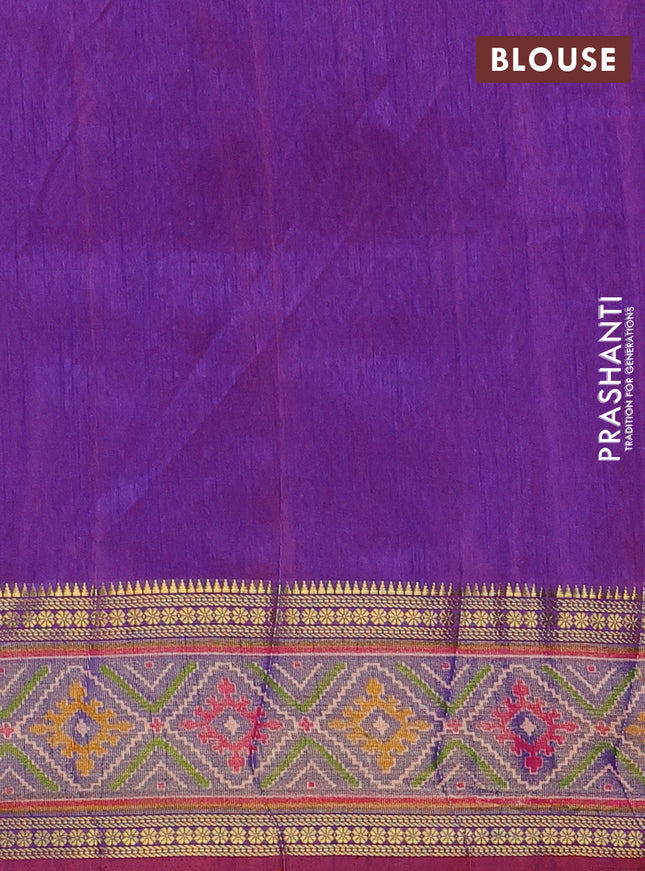 Semi tussar saree pink and blue with allover ikat prints and zari woven border
