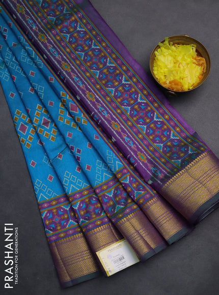 Semi tussar saree cs blue and purple with allover ikat butta prints and zari woven border