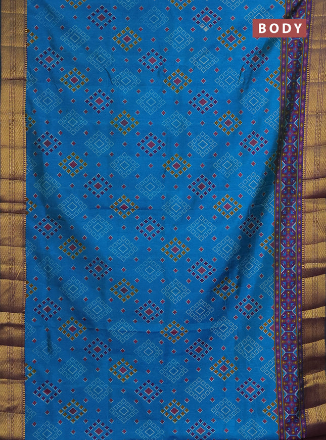 Semi tussar saree cs blue and purple with allover ikat butta prints and zari woven border