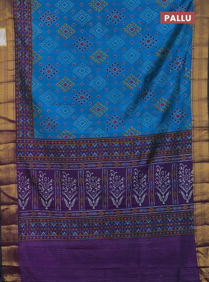 Semi tussar saree cs blue and purple with allover ikat butta prints and zari woven border