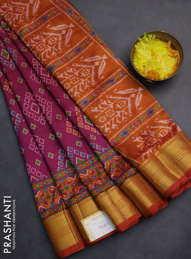Semi tussar saree dark magenta pink and rust shade with allover ikat butta prints and zari woven border