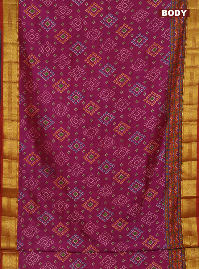 Semi tussar saree dark magenta pink and rust shade with allover ikat butta prints and zari woven border