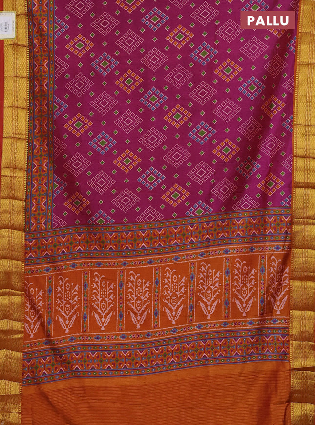 Semi tussar saree dark magenta pink and rust shade with allover ikat butta prints and zari woven border