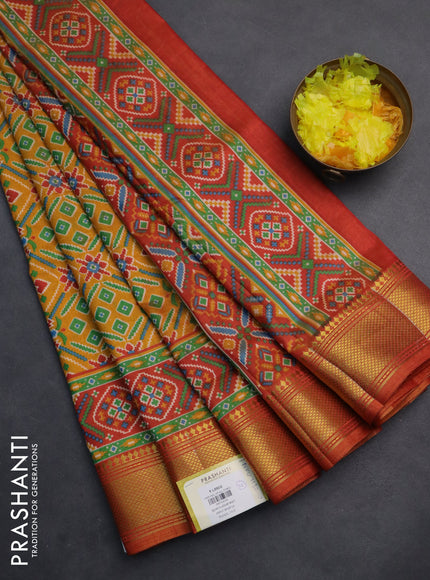 Semi tussar saree mustard yellow and red with allover ikat prints and zari woven border
