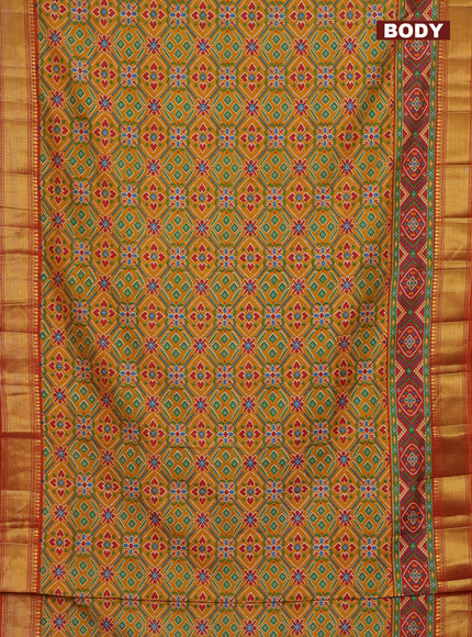 Semi tussar saree mustard yellow and red with allover ikat prints and zari woven border