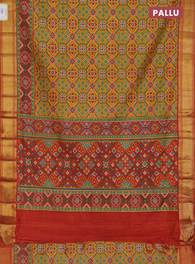 Semi tussar saree mustard yellow and red with allover ikat prints and zari woven border