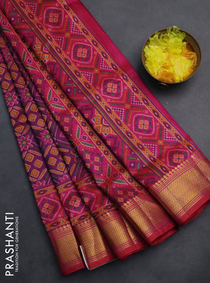 Semi tussar saree purple and pink with allover ikat prints and zari woven border