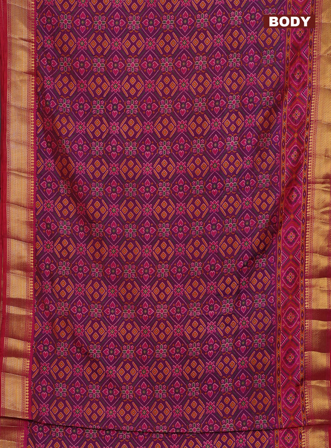 Semi tussar saree purple and pink with allover ikat prints and zari woven border