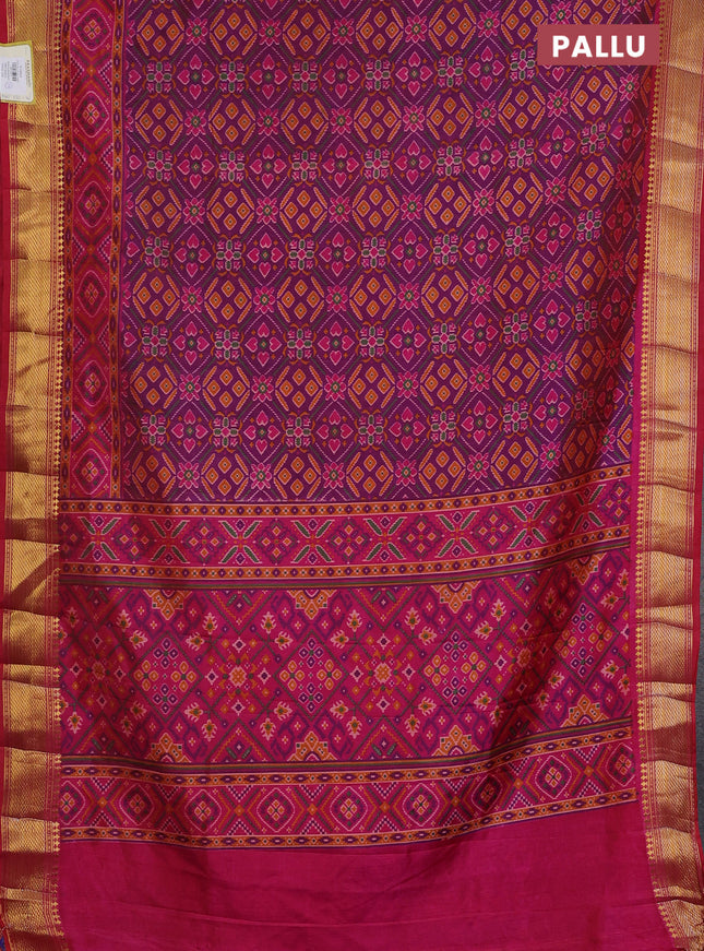 Semi tussar saree purple and pink with allover ikat prints and zari woven border