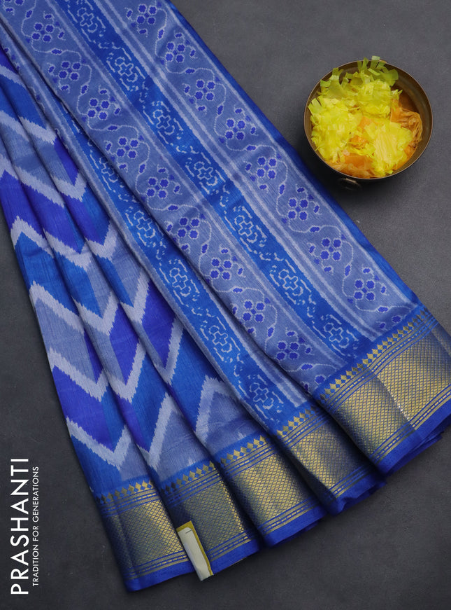 Semi tussar saree blue with allover ikat prints and zari woven border