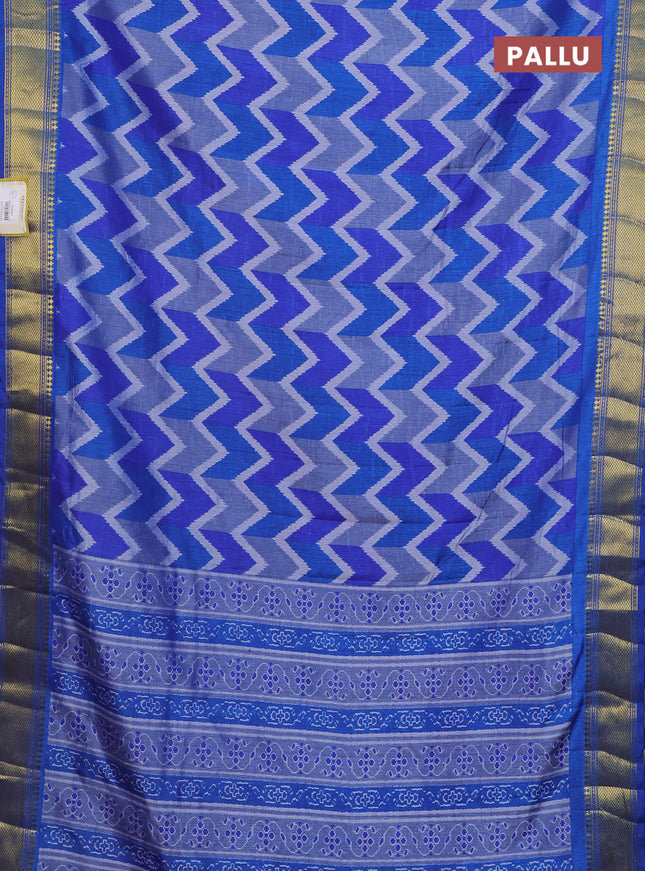 Semi tussar saree blue with allover ikat prints and zari woven border