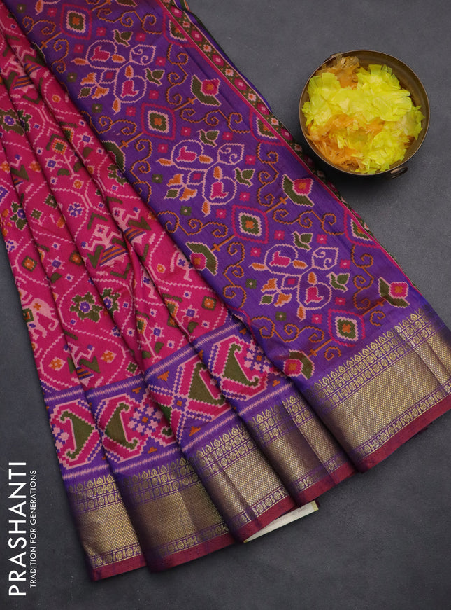 Semi tussar saree pink and violet with allover ikat prints and zari woven border