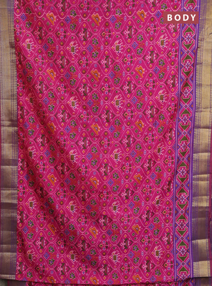 Semi tussar saree pink and violet with allover ikat prints and zari woven border
