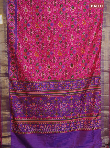 Semi tussar saree pink and violet with allover ikat prints and zari woven border
