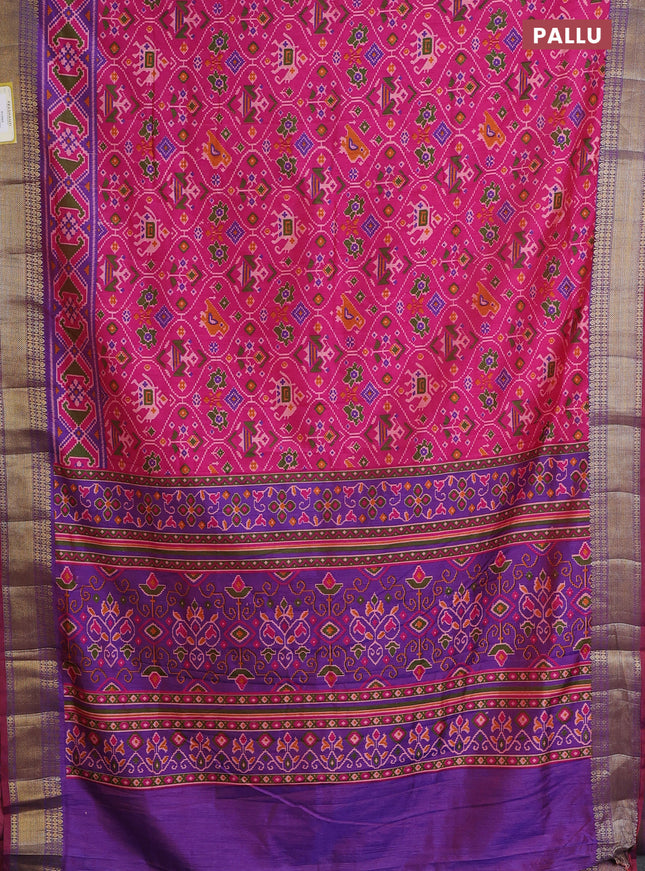 Semi tussar saree pink and violet with allover ikat prints and zari woven border