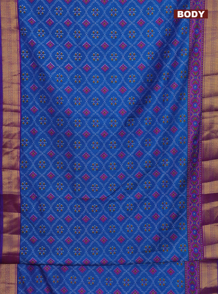Semi tussar saree cs blue and purple with allover ikat prints and zari woven border
