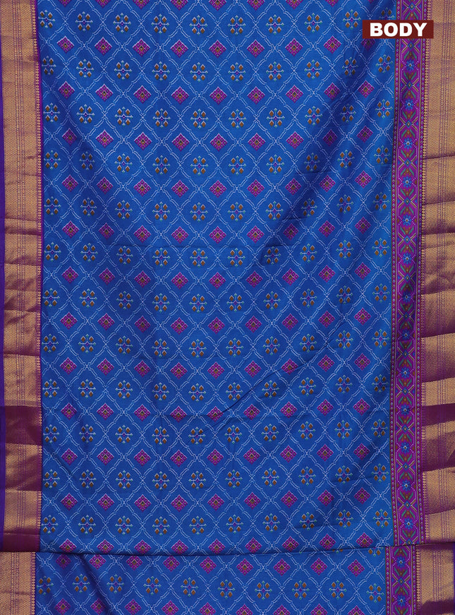 Semi tussar saree cs blue and purple with allover ikat prints and zari woven border
