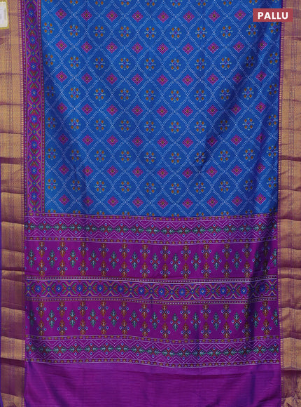 Semi tussar saree cs blue and purple with allover ikat prints and zari woven border
