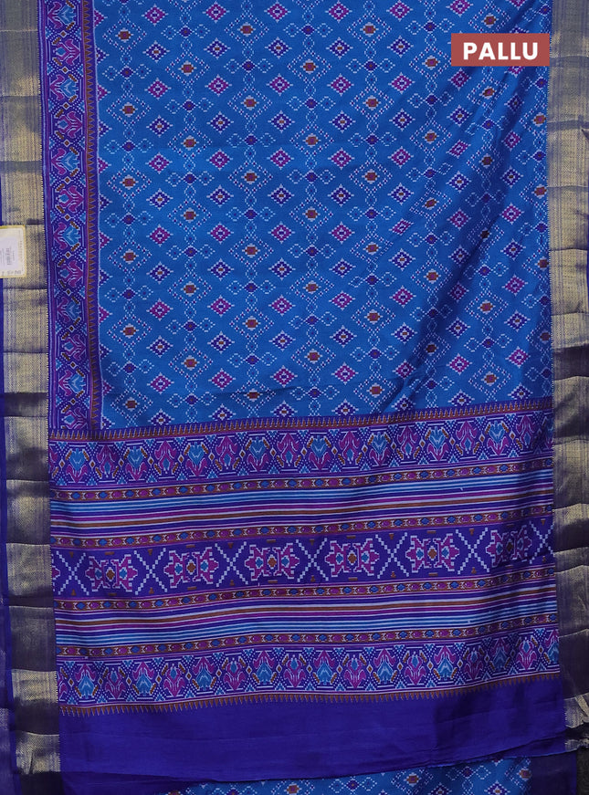 Semi tussar saree cs blue and blue with allover ikat prints and zari woven border