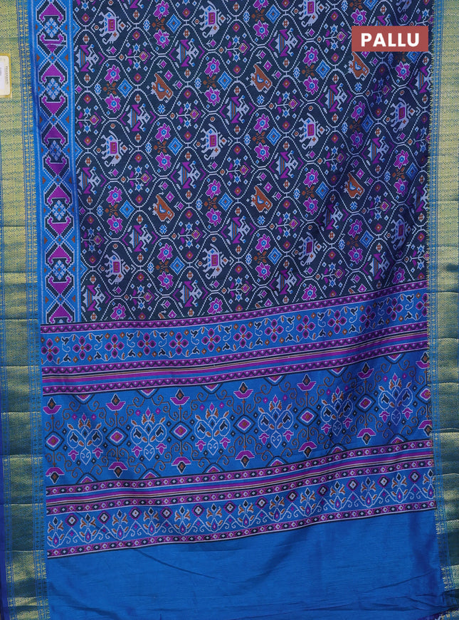 Semi tussar saree dual shade of bluish green and blue with allover ikat prints and zari woven border