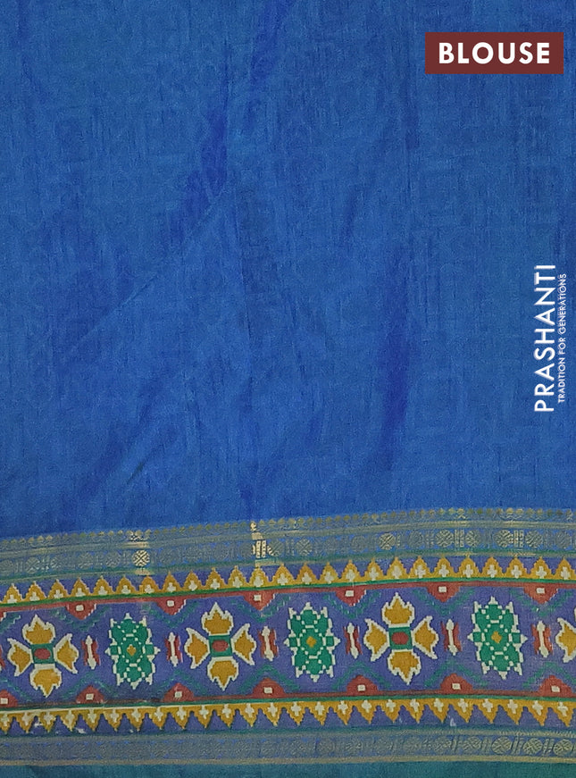 Semi tussar saree green and blue with allover ikat prints and zari woven border