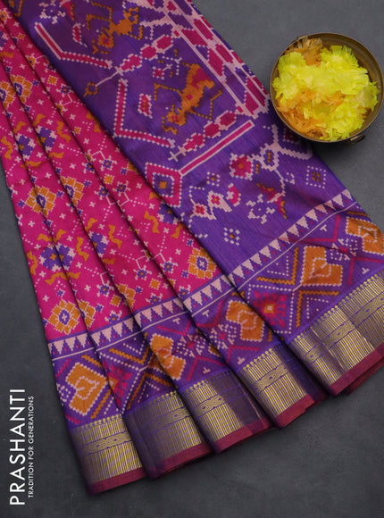 Semi tussar saree pink and blue with allover ikat prints and zari woven border