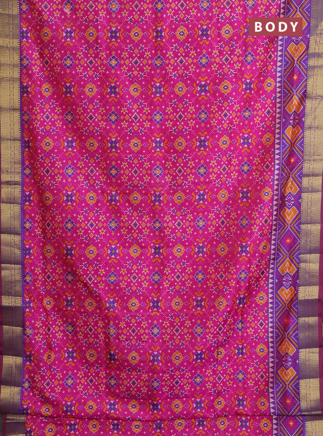 Semi tussar saree pink and blue with allover ikat prints and zari woven border