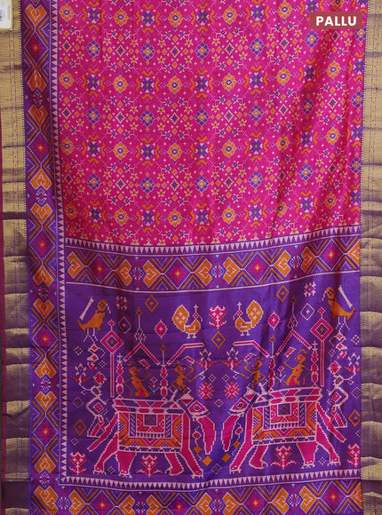 Semi tussar saree pink and blue with allover ikat prints and zari woven border