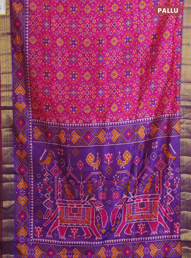 Semi tussar saree pink and blue with allover ikat prints and zari woven border