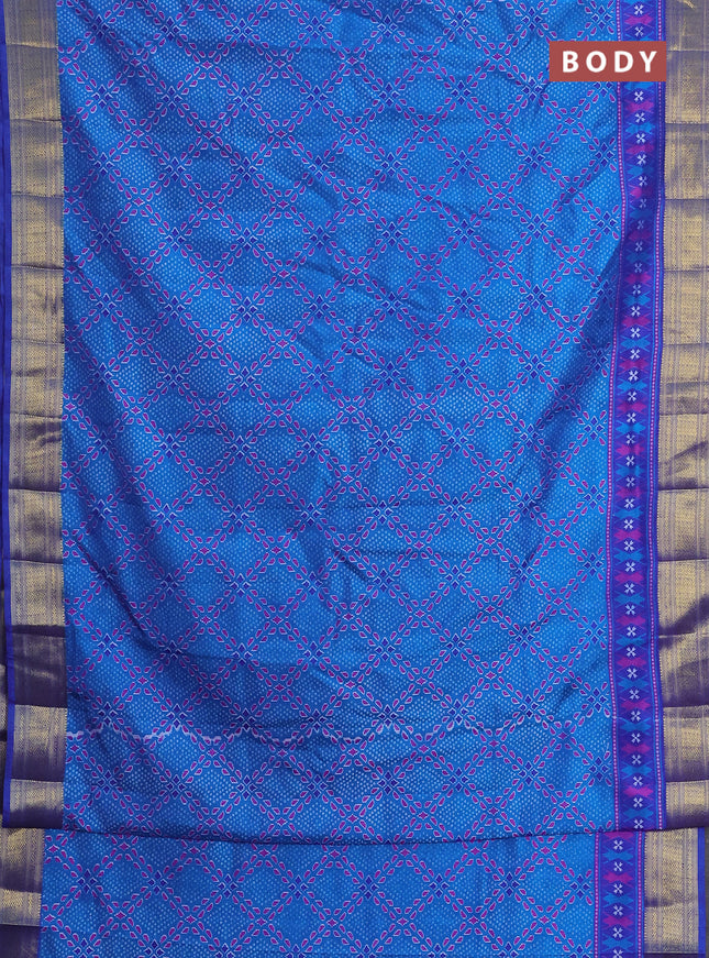 Semi tussar saree cs blue and blue with allover ikat prints and zari woven border