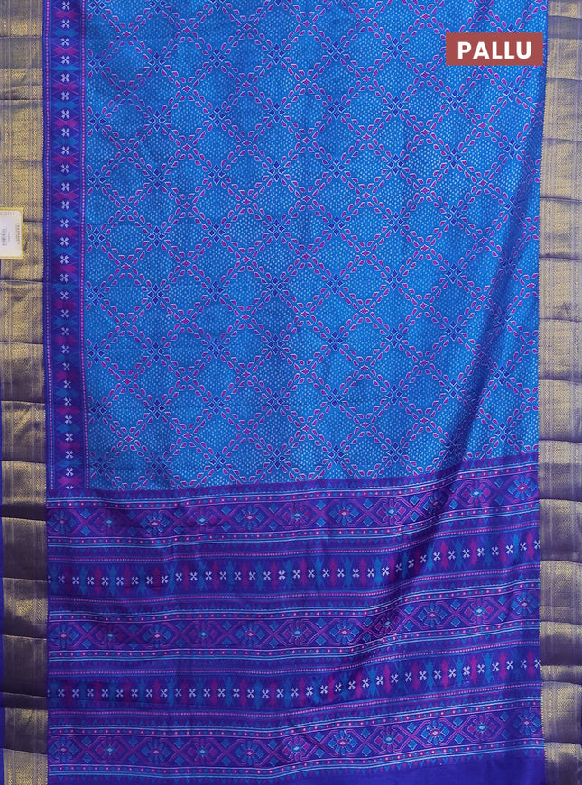 Semi tussar saree cs blue and blue with allover ikat prints and zari woven border