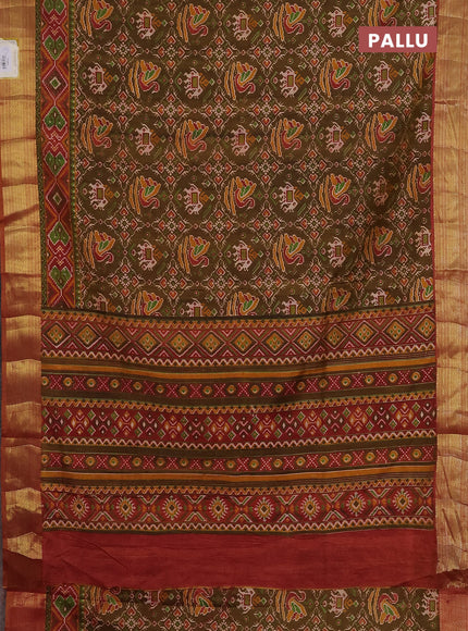 Semi tussar saree dual shade of green and blue with allover ikat prints and zari woven border