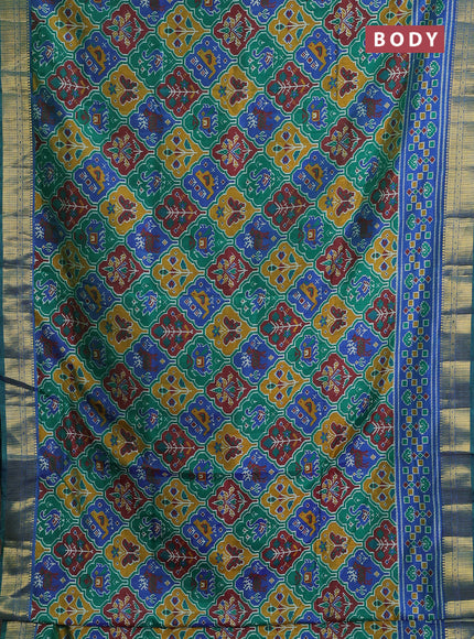 Semi tussar saree green and blue with allover ikat prints and zari woven border