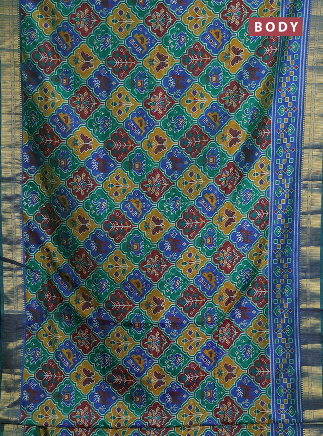 Semi tussar saree green and blue with allover ikat prints and zari woven border