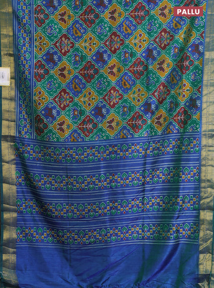 Semi tussar saree green and blue with allover ikat prints and zari woven border