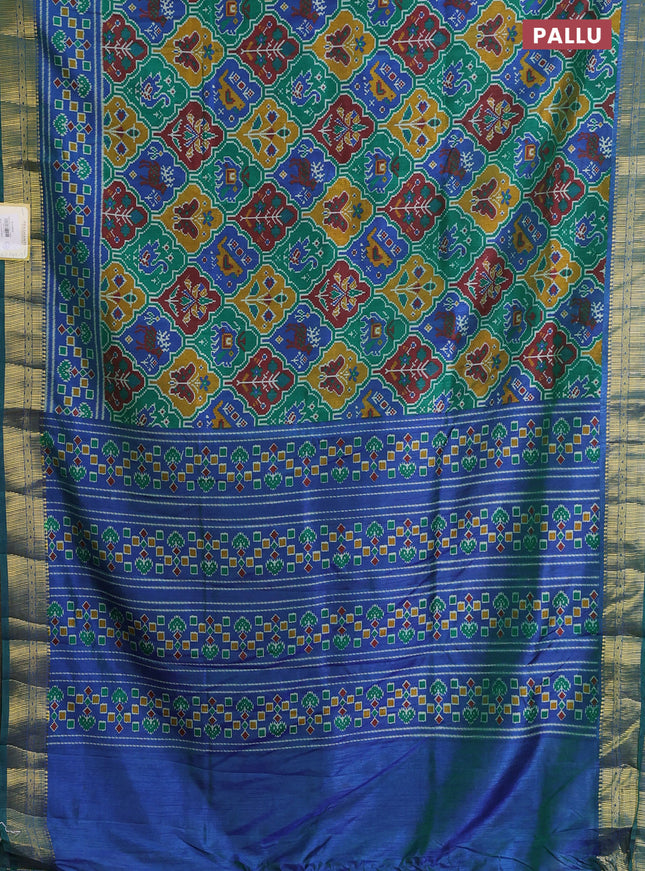Semi tussar saree green and blue with allover ikat prints and zari woven border