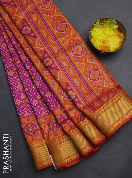Semi tussar saree purple and red with allover ikat prints and zari woven border