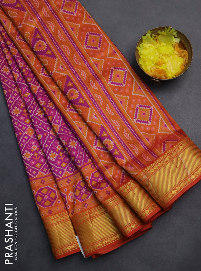 Semi tussar saree purple and red with allover ikat prints and zari woven border