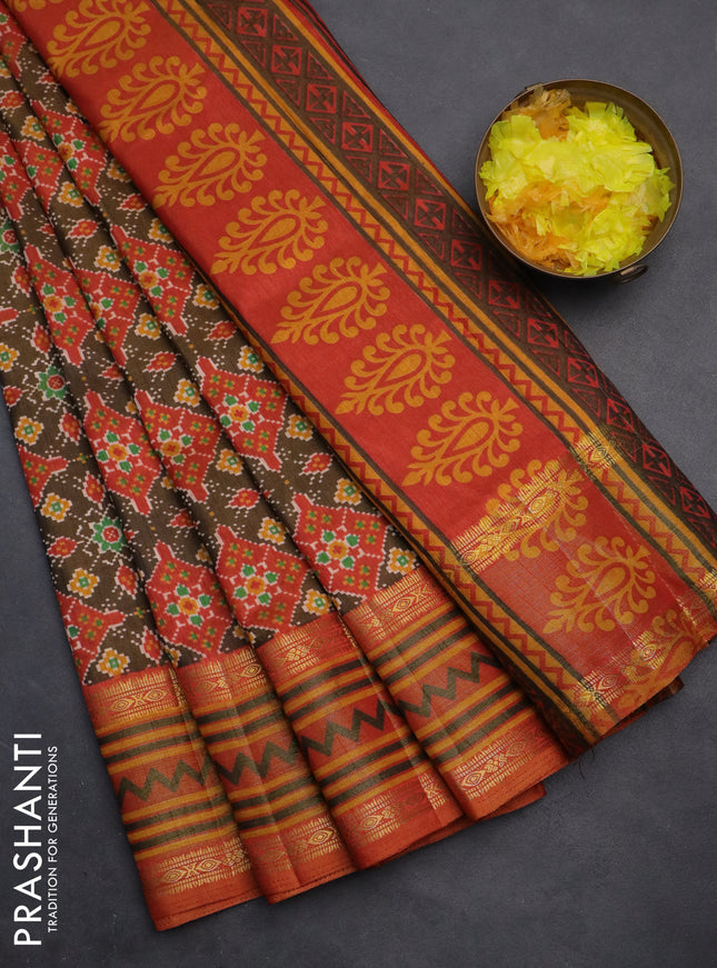 Semi tussar saree brown and red shade with allover ikat prints and zari woven border