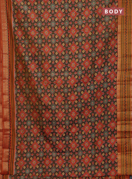 Semi tussar saree brown and red shade with allover ikat prints and zari woven border