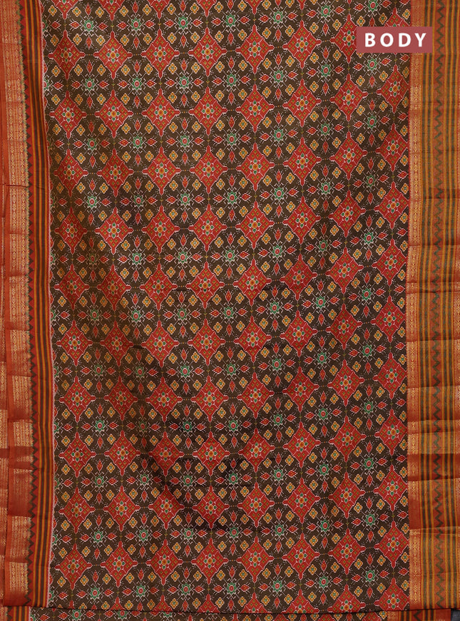 Semi tussar saree brown and red shade with allover ikat prints and zari woven border